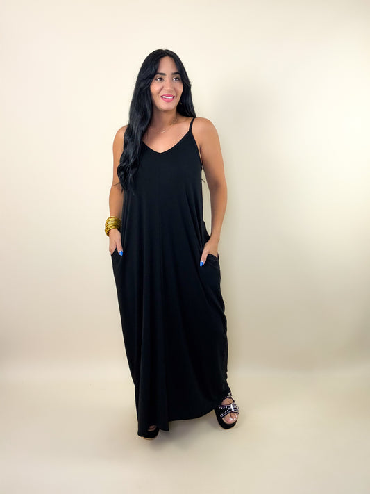 Black V Neck Pocket Maxi Dress