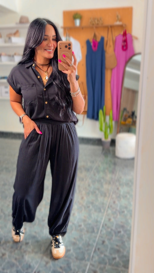 Black Rayon Mid Rise Wide Leg Pants