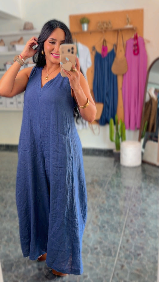 Italy Navy Linen Jumpsuit