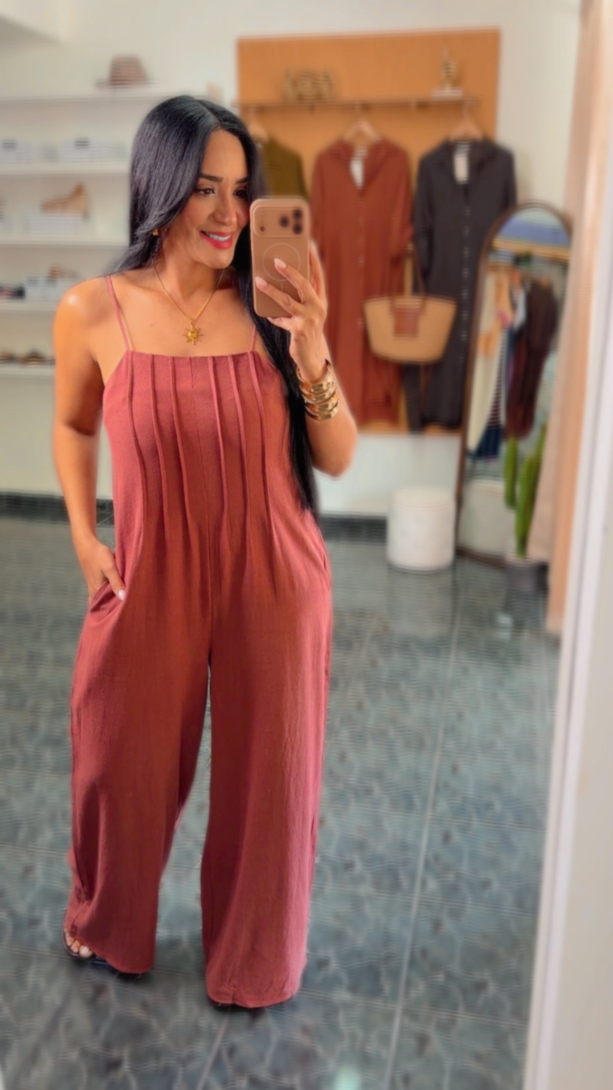 Rust Pleated Woven Jumpsuit
