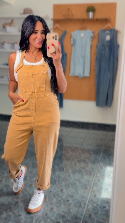 Mustard Washed Knot Strap Overalls