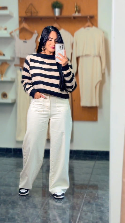 Cream Wide Leg Front Pockets Pants