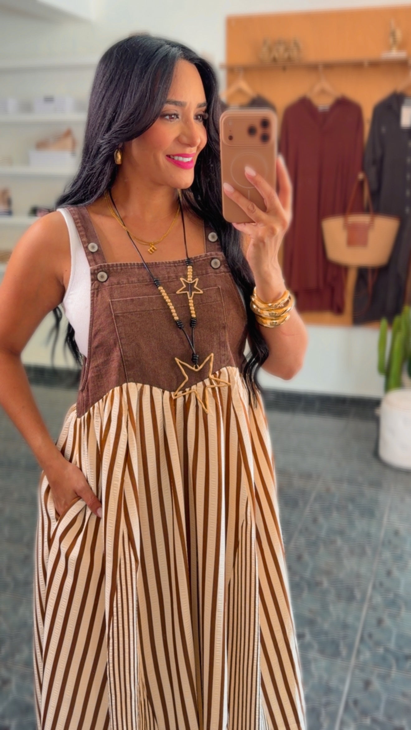 Chocolate Stripe Denim Overall Dress
