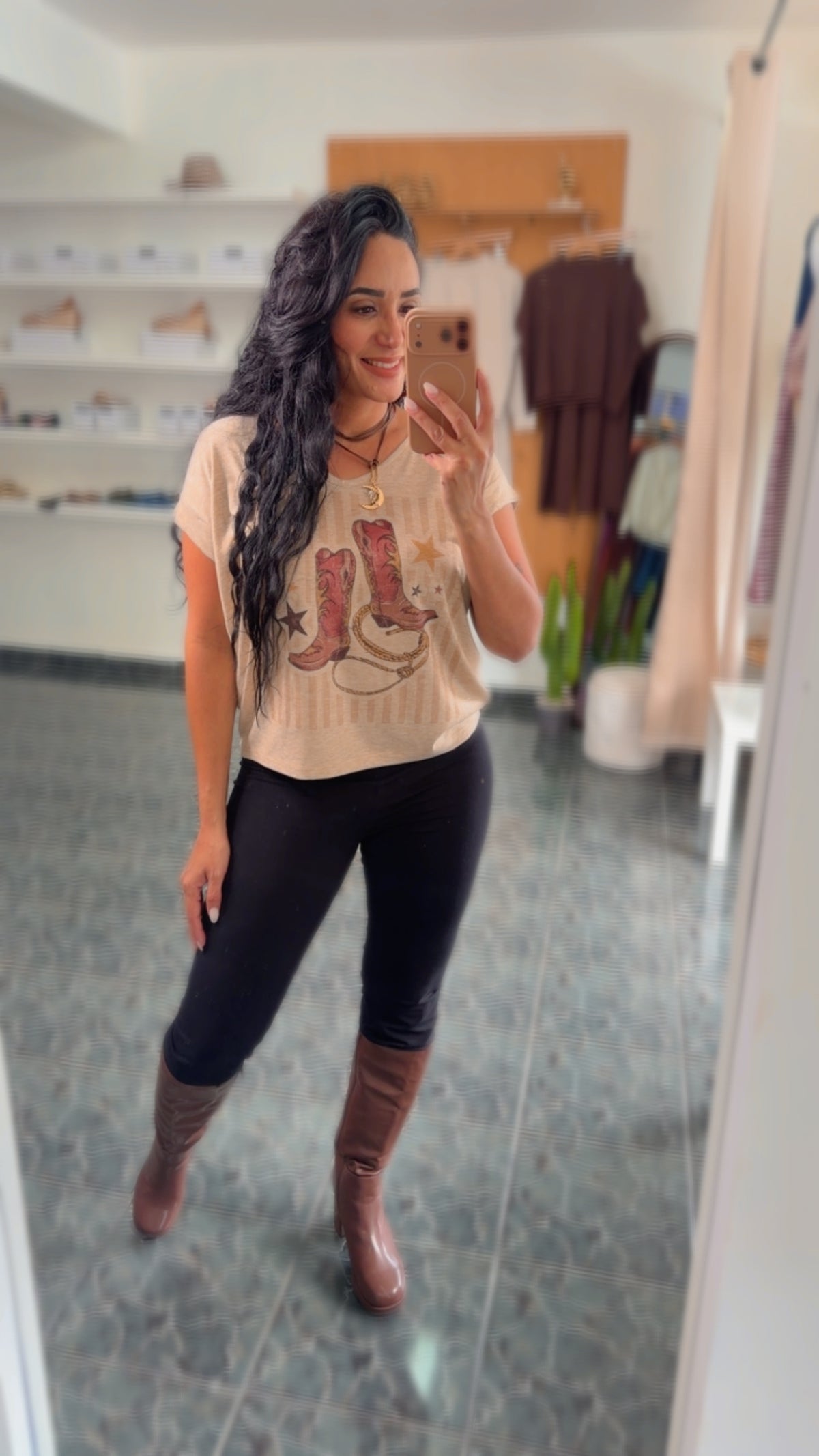 Oatmeal Cowboy Boots Print V Neck Top
