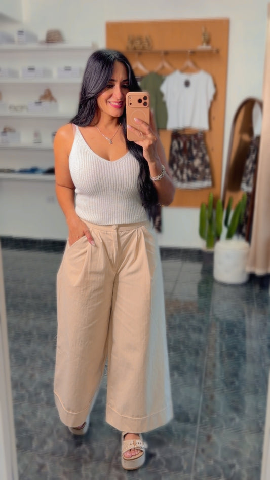 Ivory Cotton Elastic Waist Pleated Pant