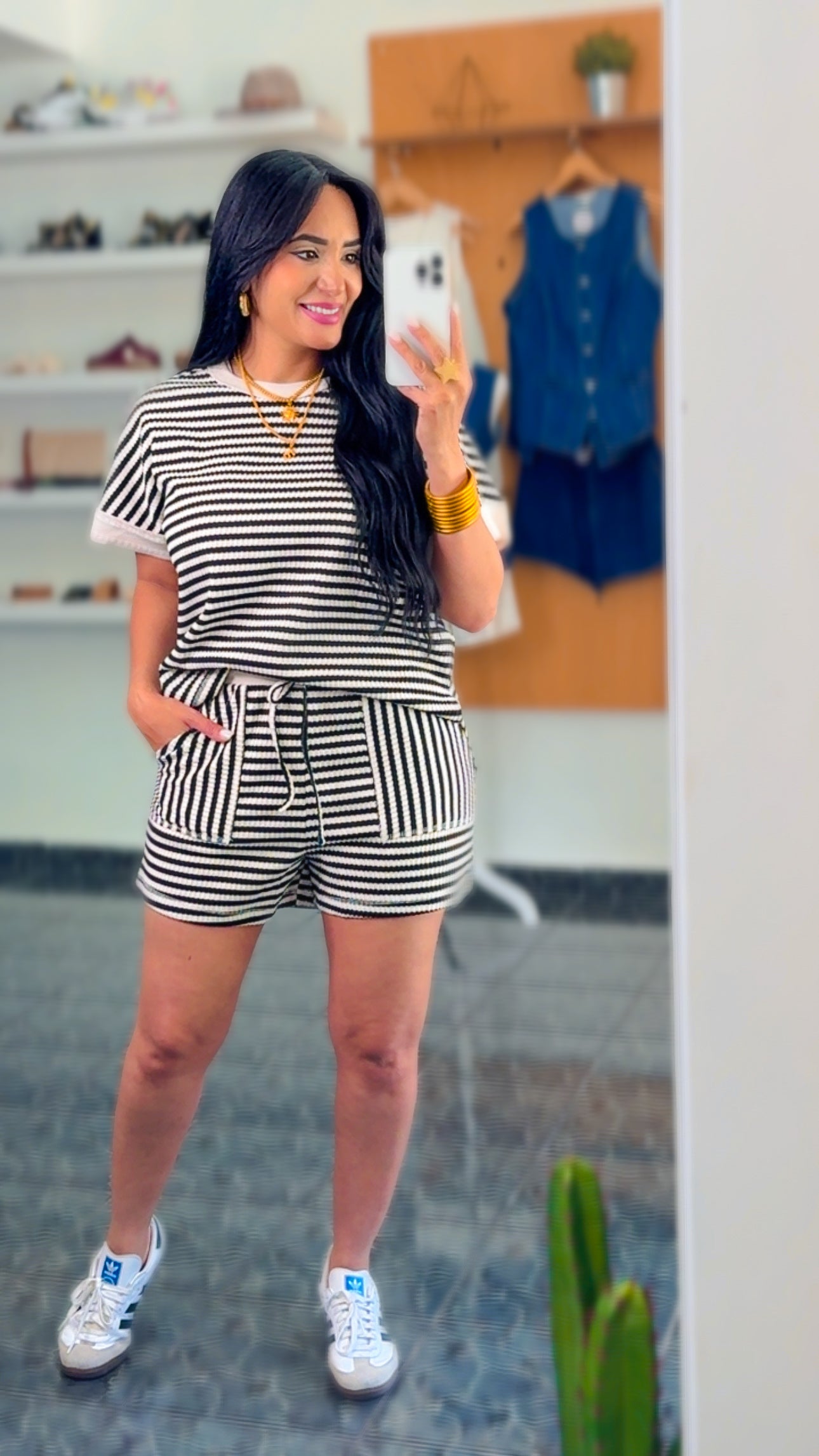 Black/Oatmeal Striped Shorts Set