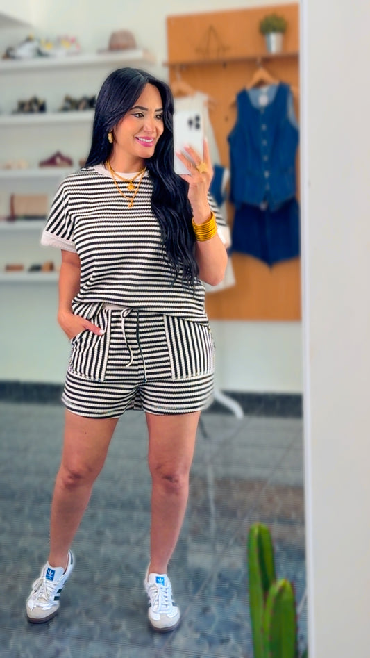 Black/Oatmeal Striped Shorts Set