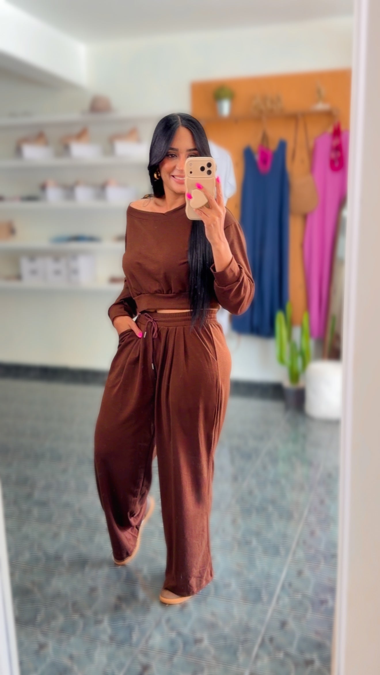 Brown French Terry Off Shoulder Set