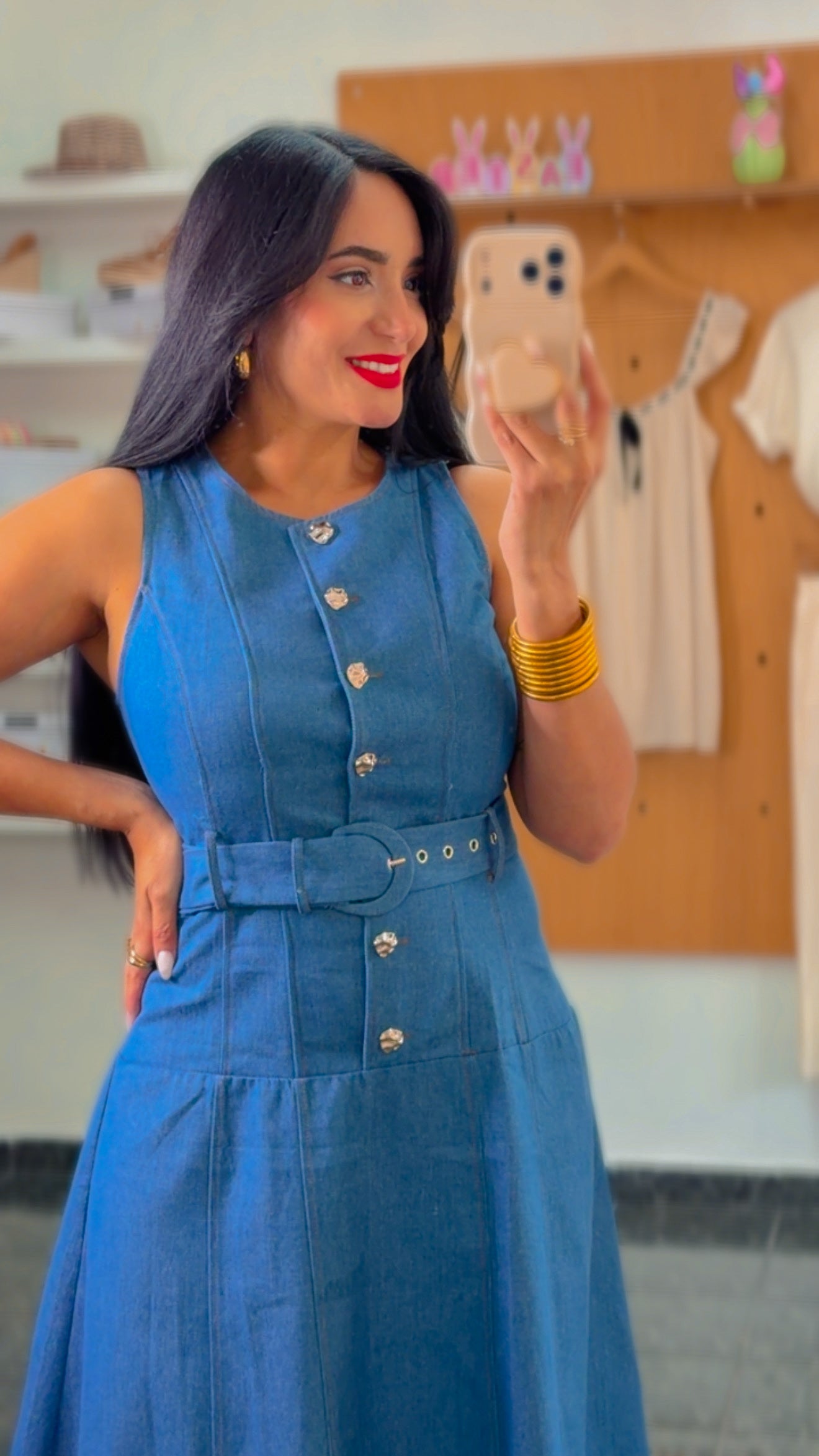 Denim Sleeveless Midi Belted Dress