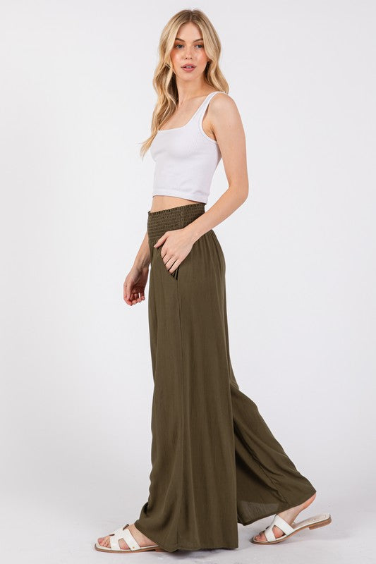 Olive Gauze Wide Smock Waist Wide Leg Pants