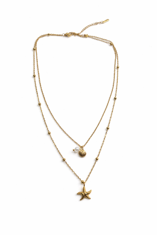 18K Gold Pleated Waterproof Stainless Steel Sea Star & Shell Layered Necklace