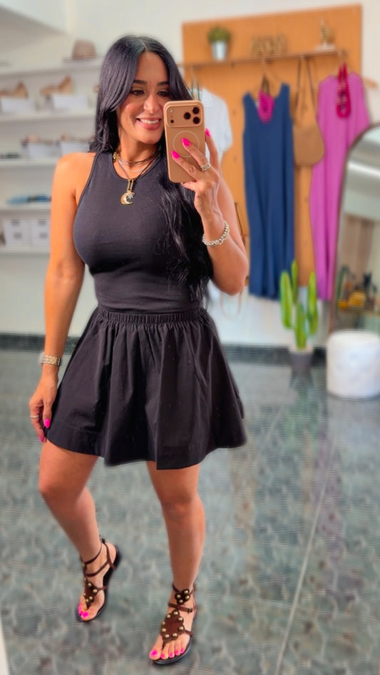 Black Ribbed Top & Skirt Set