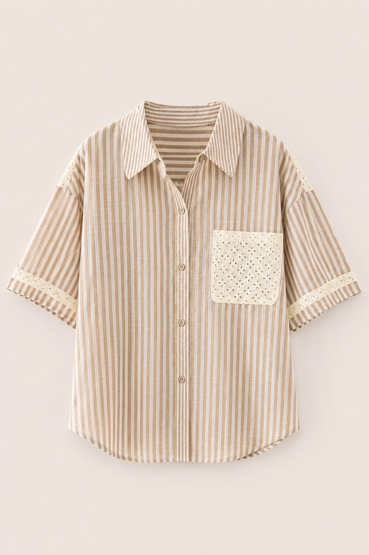 Taupe Stripe Lace Contrast Oversized Top