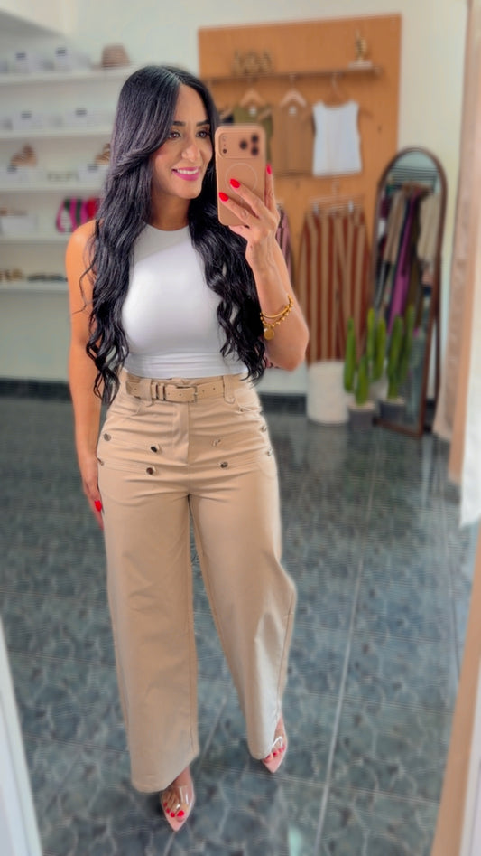 Beige Napoleon Belted Spandex Pants