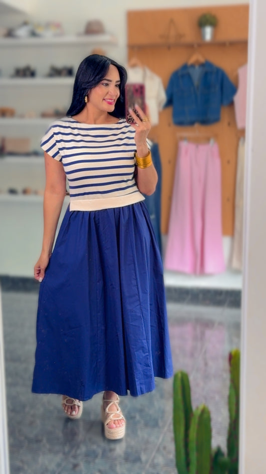 Striped Short Sleeve Midi Dress
