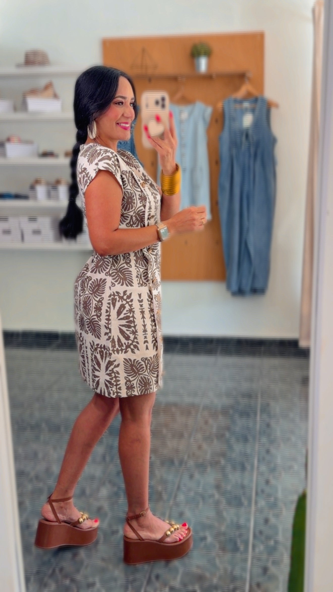 Walnut Scalloped Buttons Print Dress