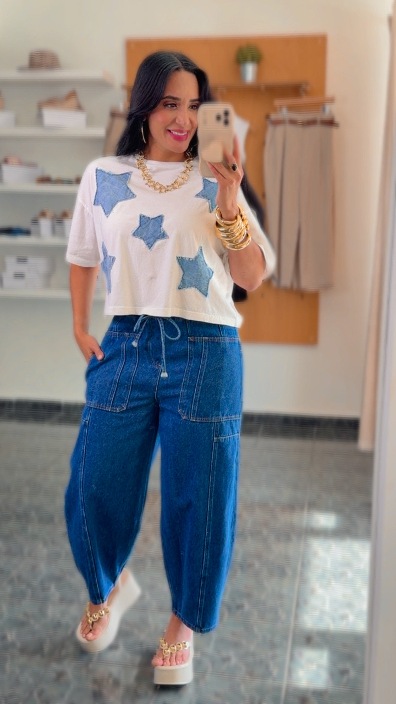 White Denim Star Top