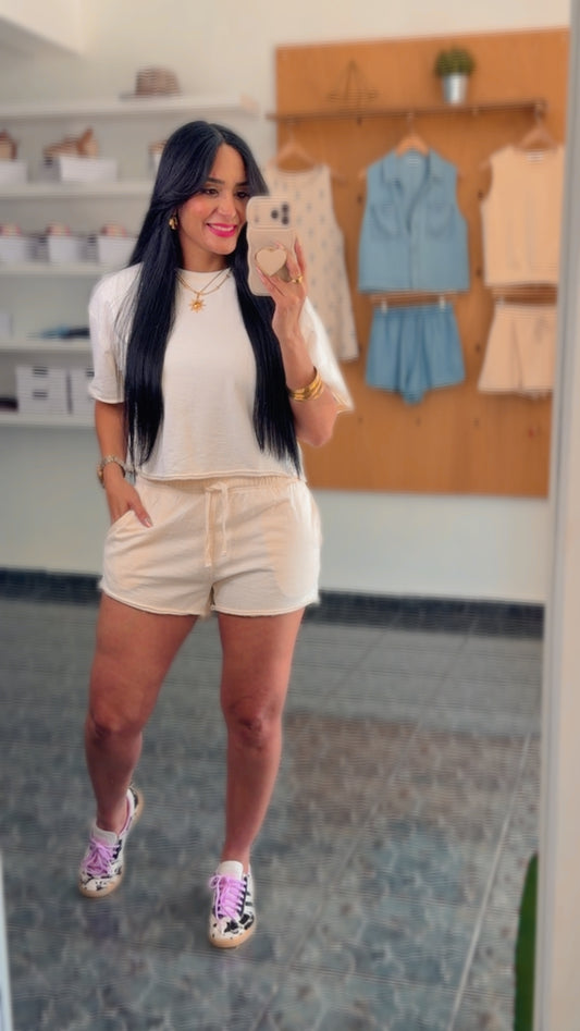 Cream Knit Shorts Set