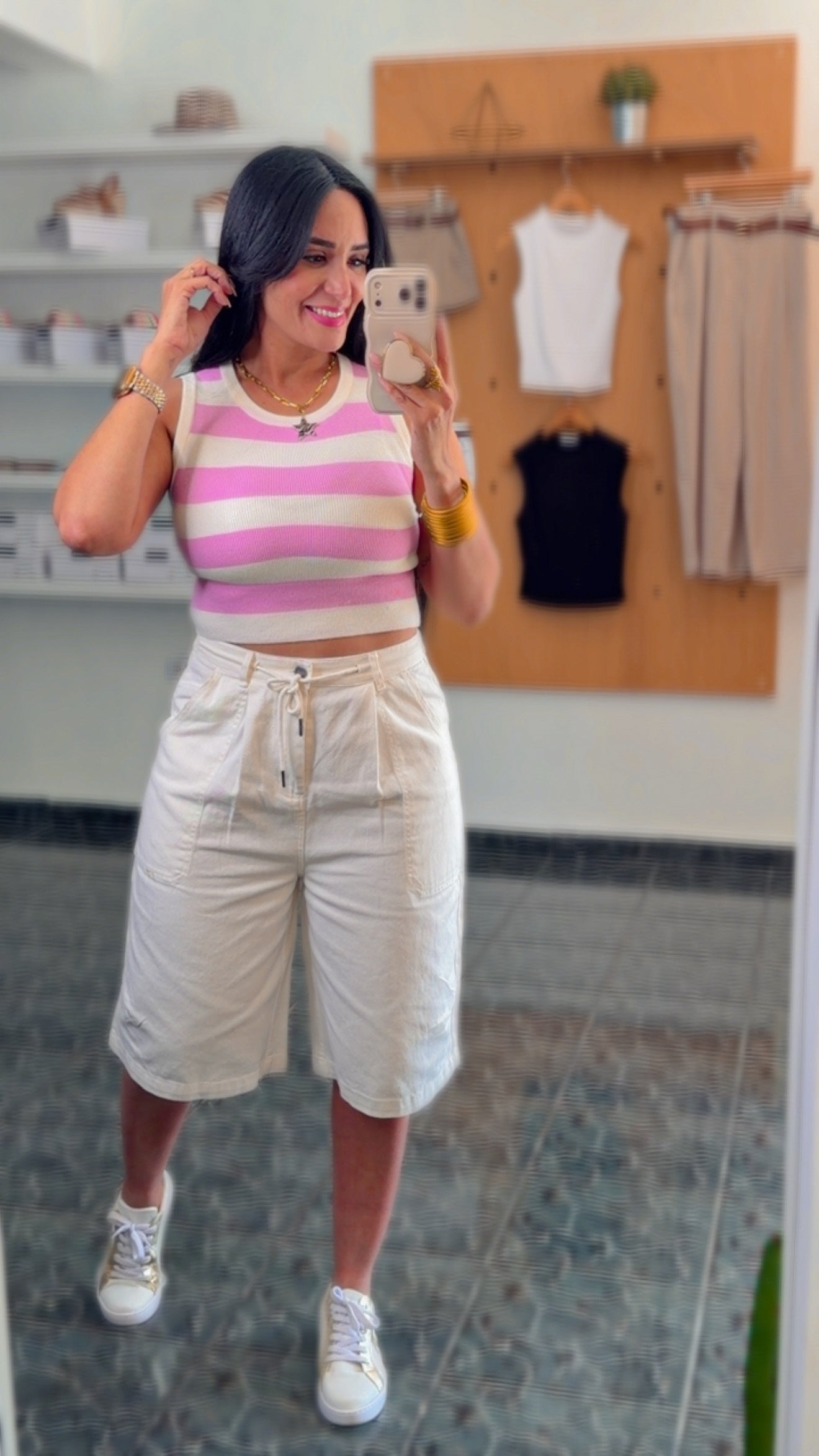 Cream Denim Elastic Waist Bermuda