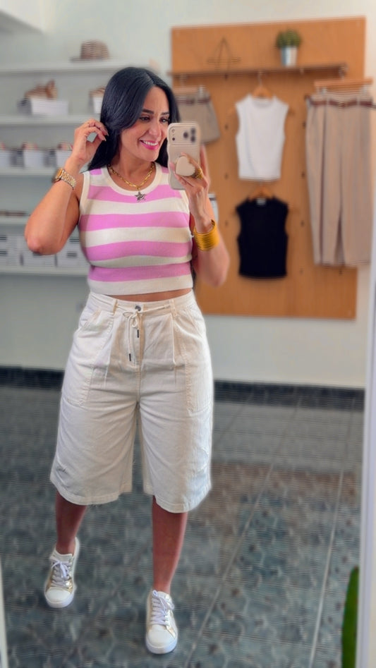Cream Denim Elastic Waist Bermuda