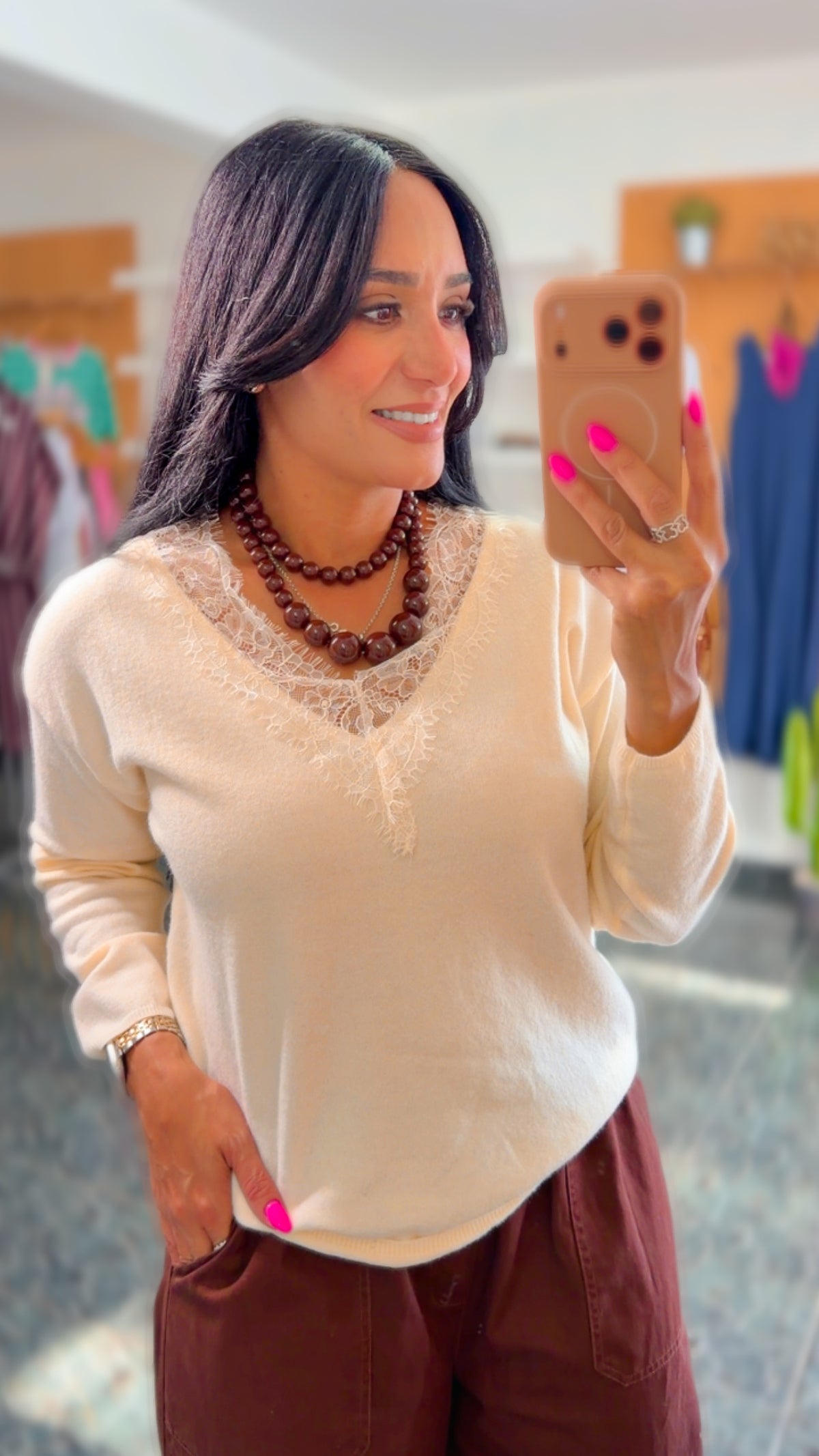 Cream Lace Trim V Neck Sweater