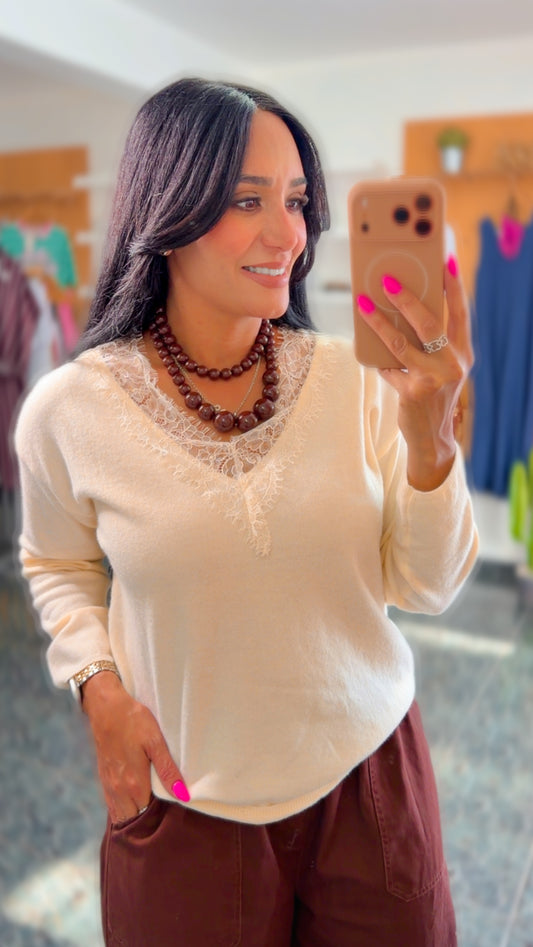 Cream Lace Trim V Neck Sweater