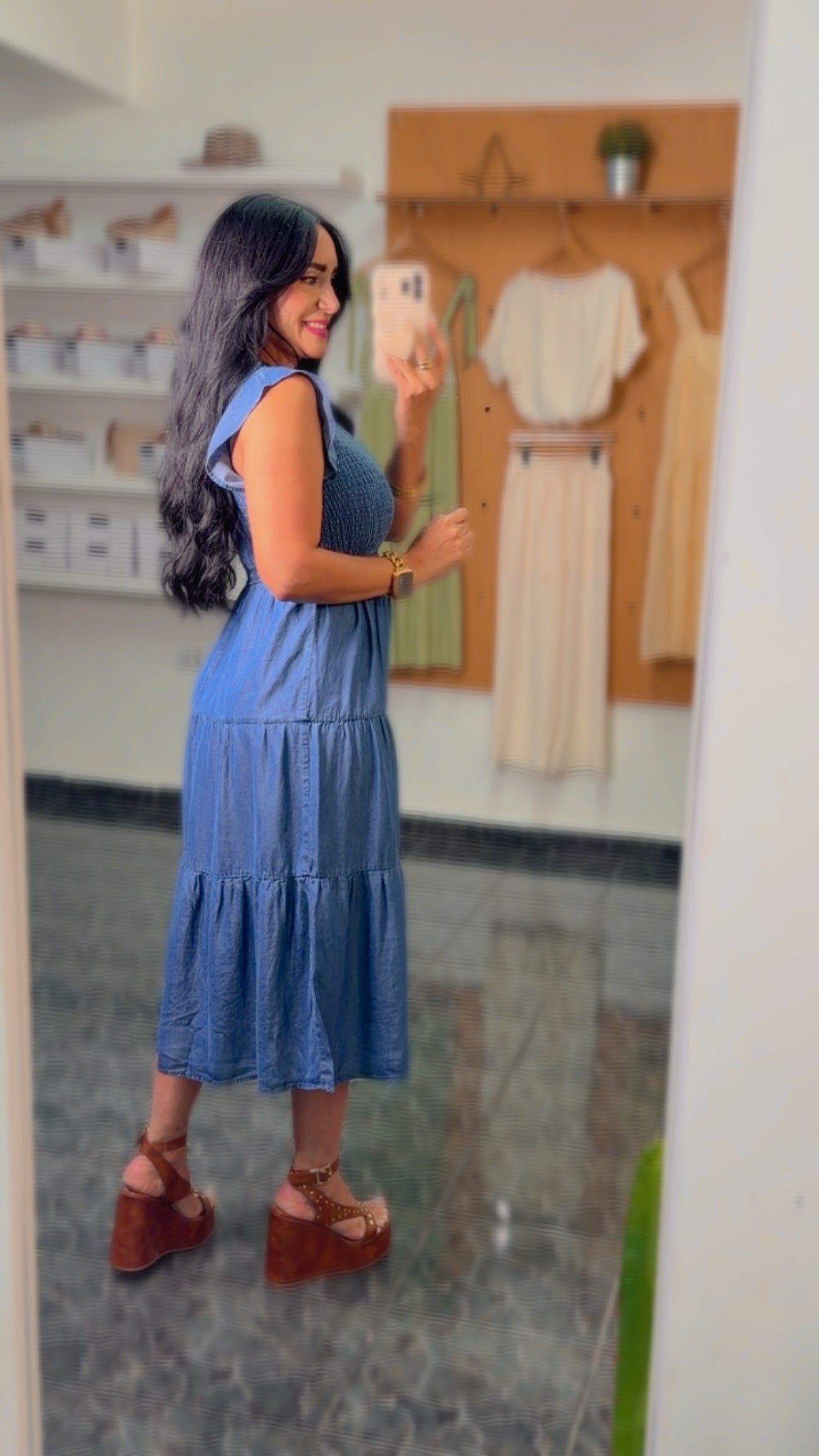 Smocked Ruffle Sleeve Midi Denim Dress