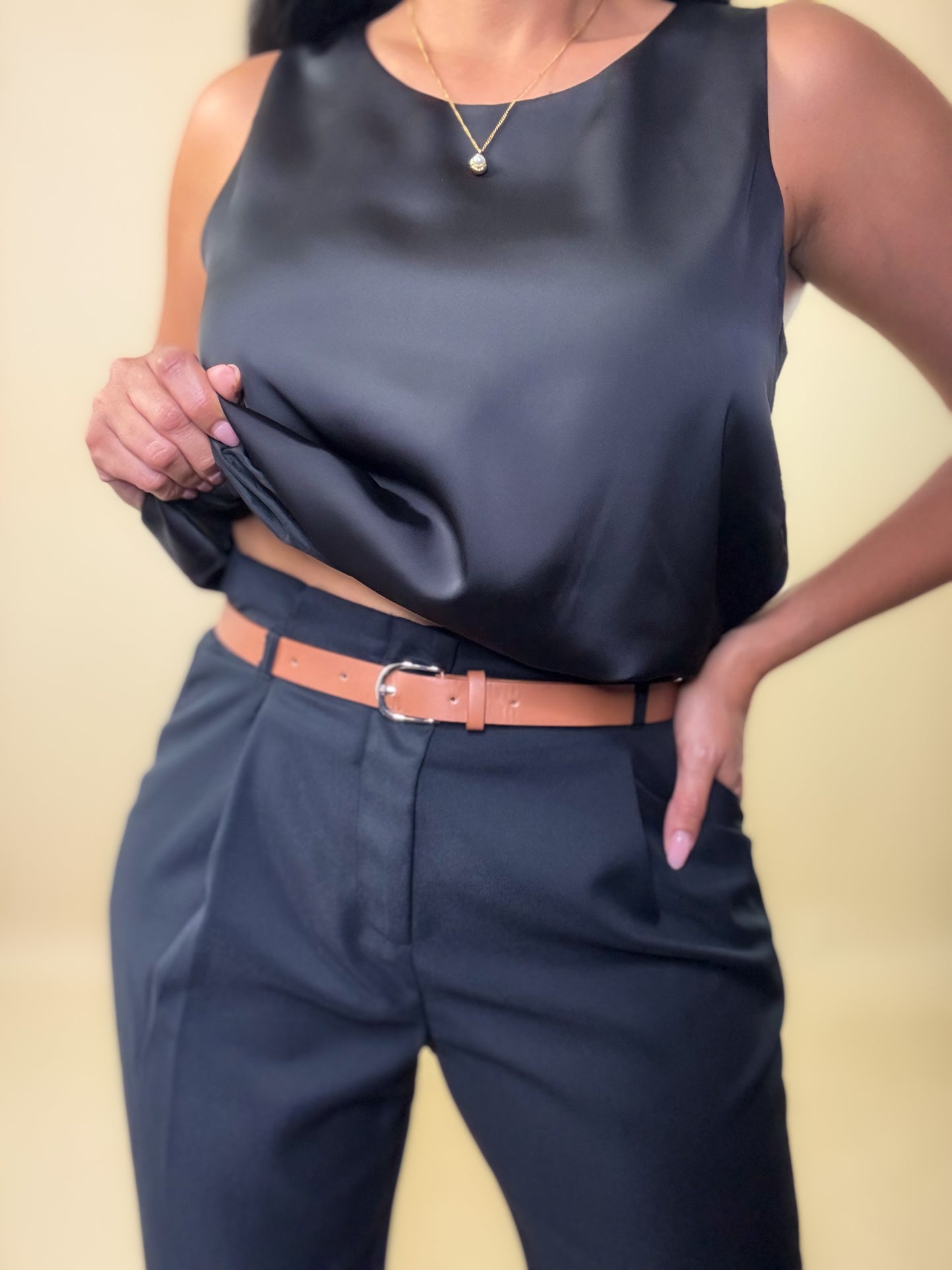 Black Belted Paper Bag Pants