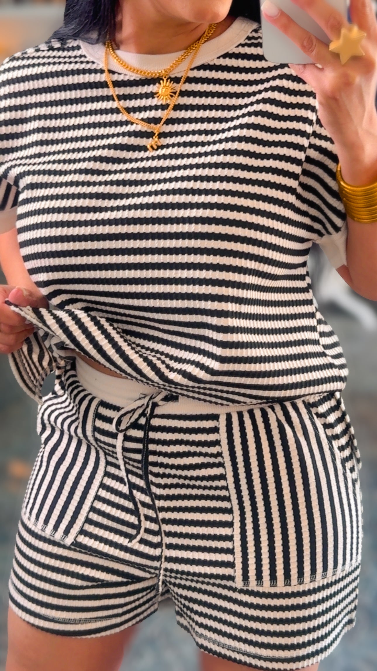 Black/Oatmeal Striped Shorts Set