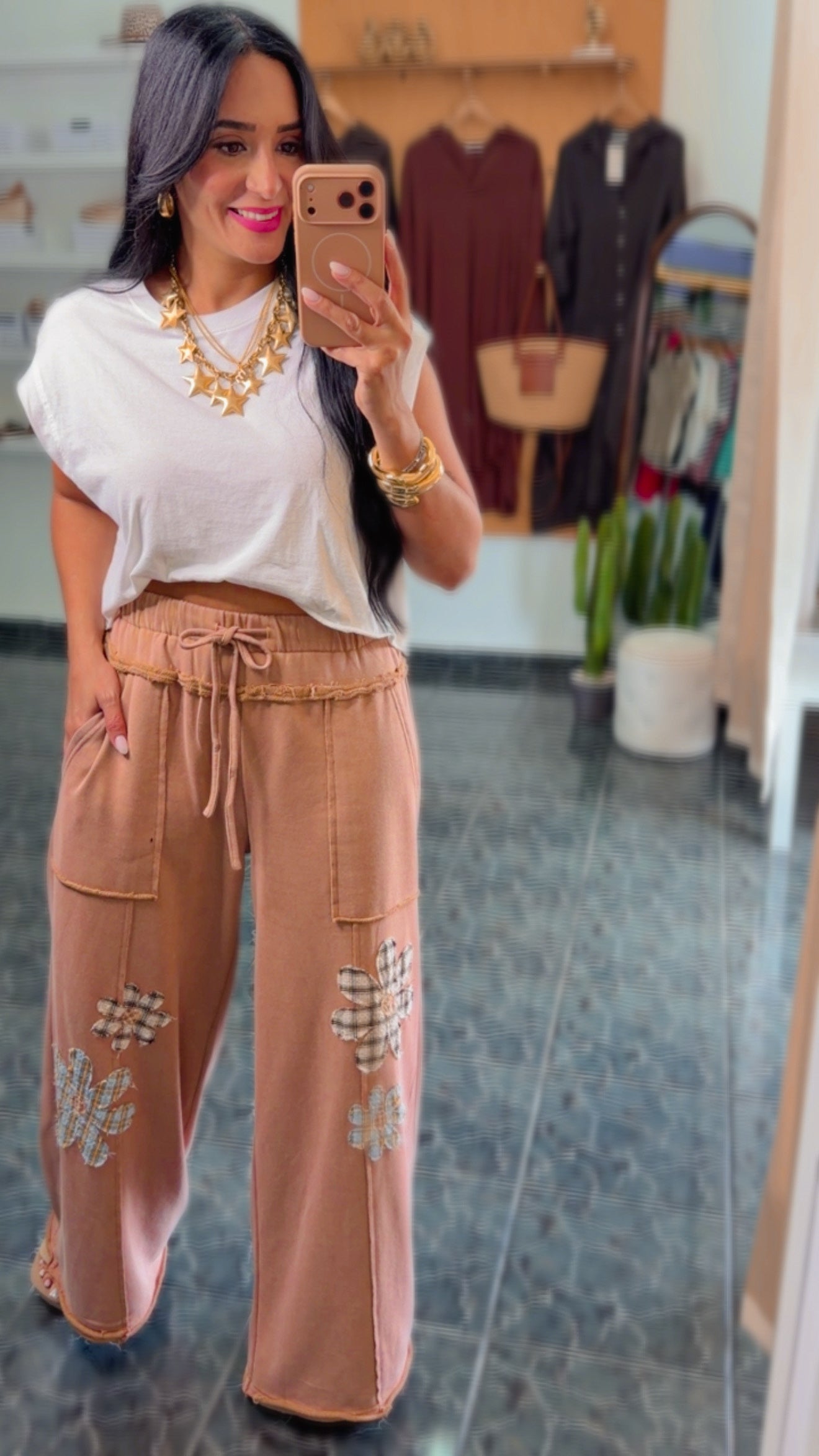 Taupe French Terry Flowers Wide Leg Pants