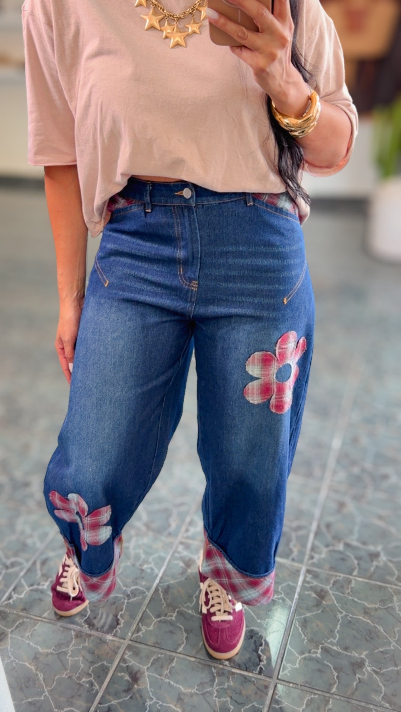 Floral Patches Cropped Wide Leg Jeans