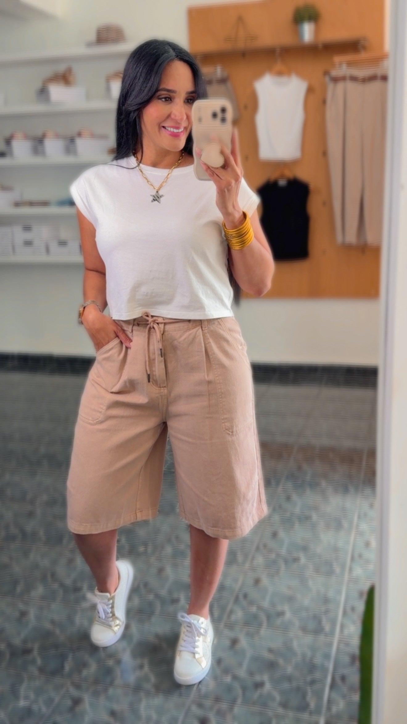 Taupe Denim Elastic Waist Bermuda