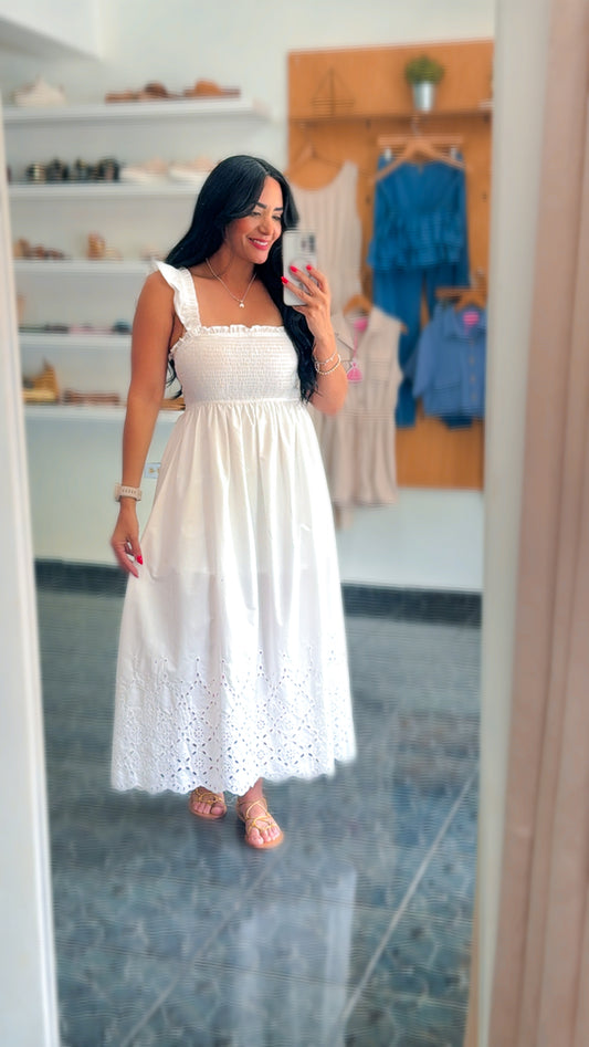 White Eyelet Hem Midi Dress