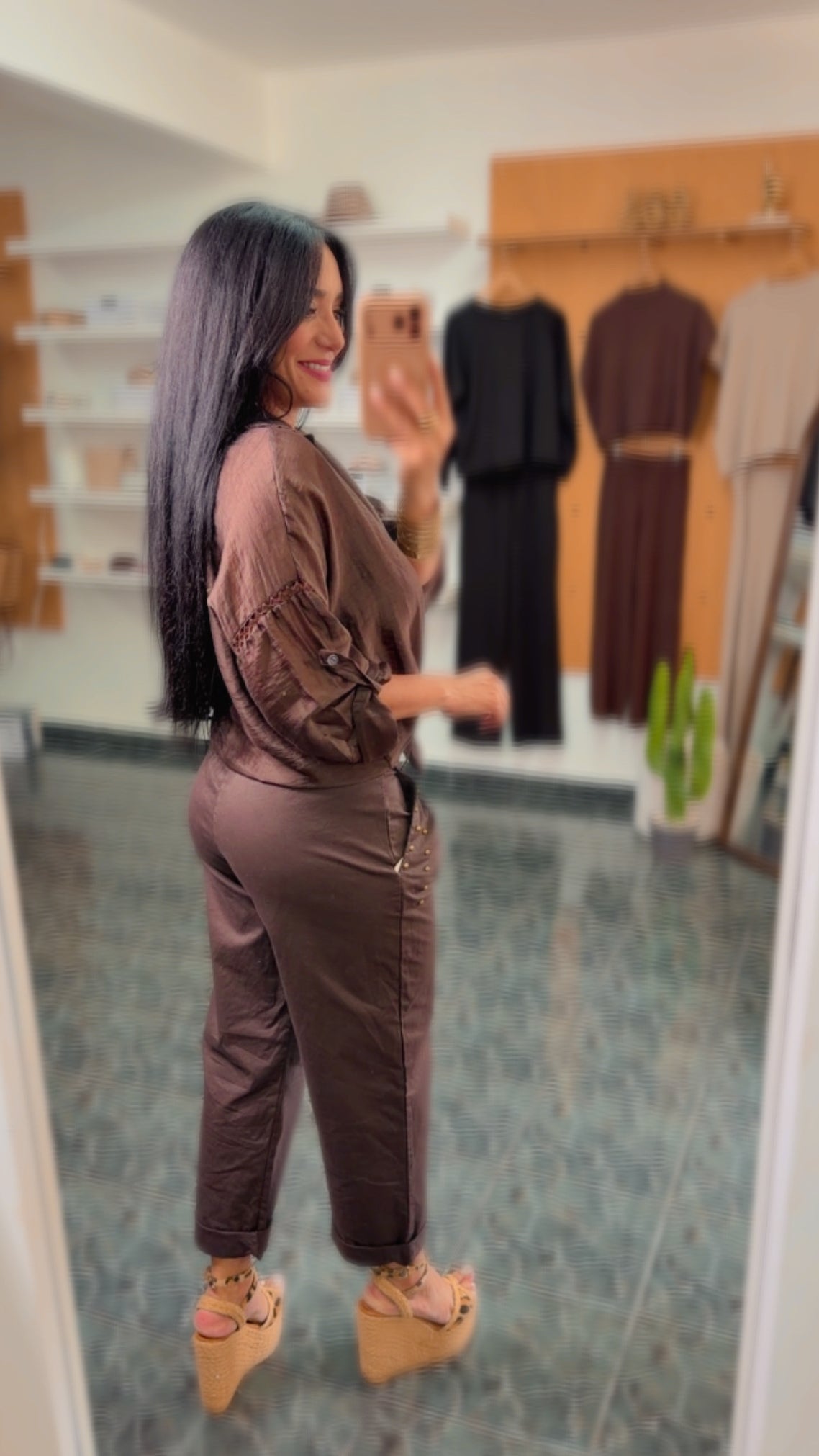 Italy Brown Studs Pleated Pants
