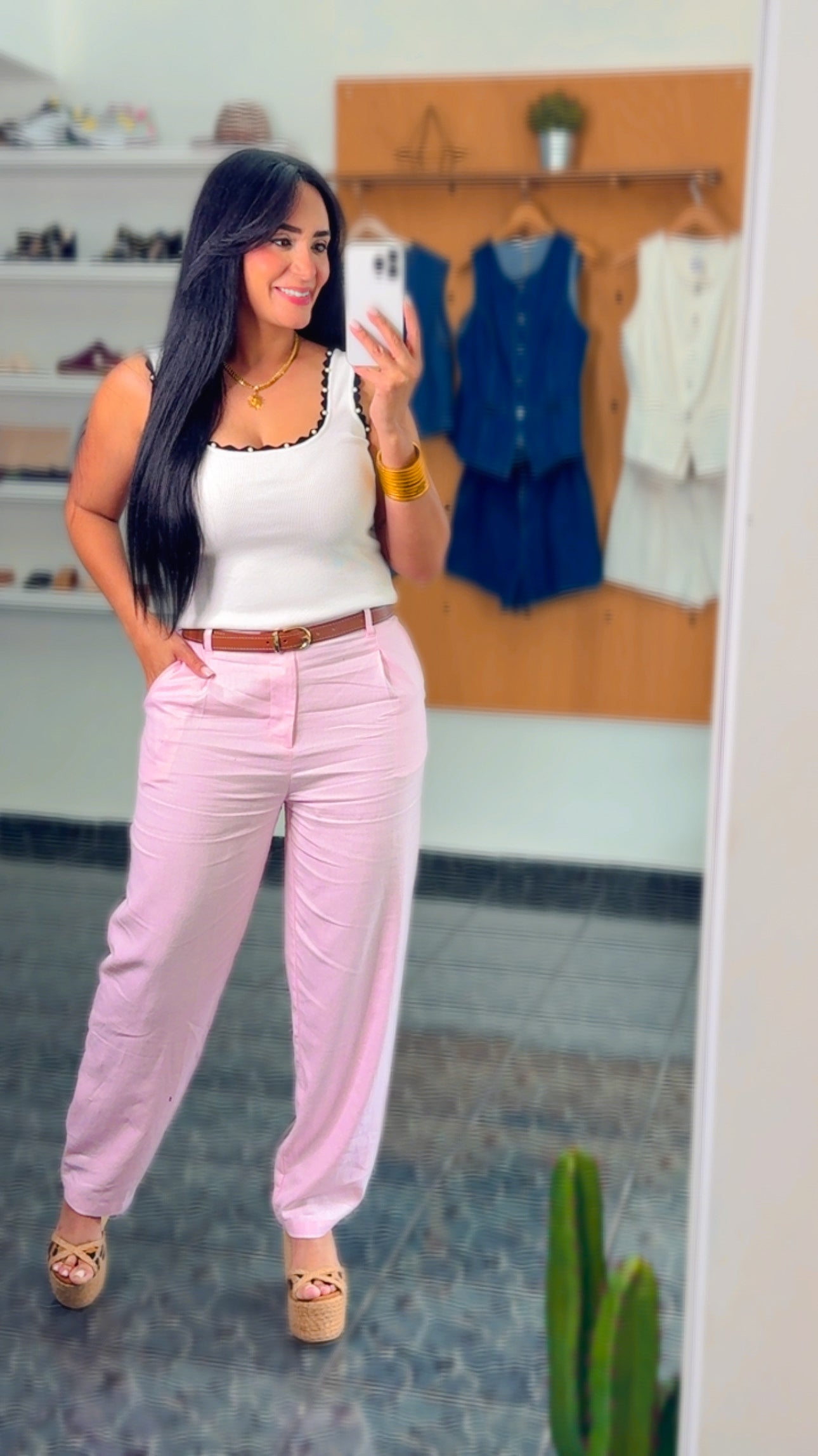 Pink Linen Belted Pants
