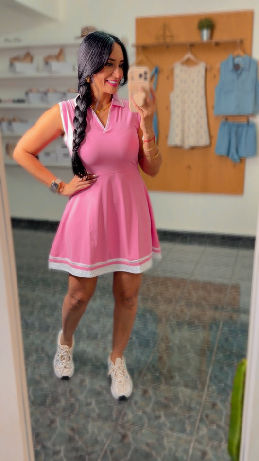 Pink Collared Sleeveless Activewear Tennis Dress
