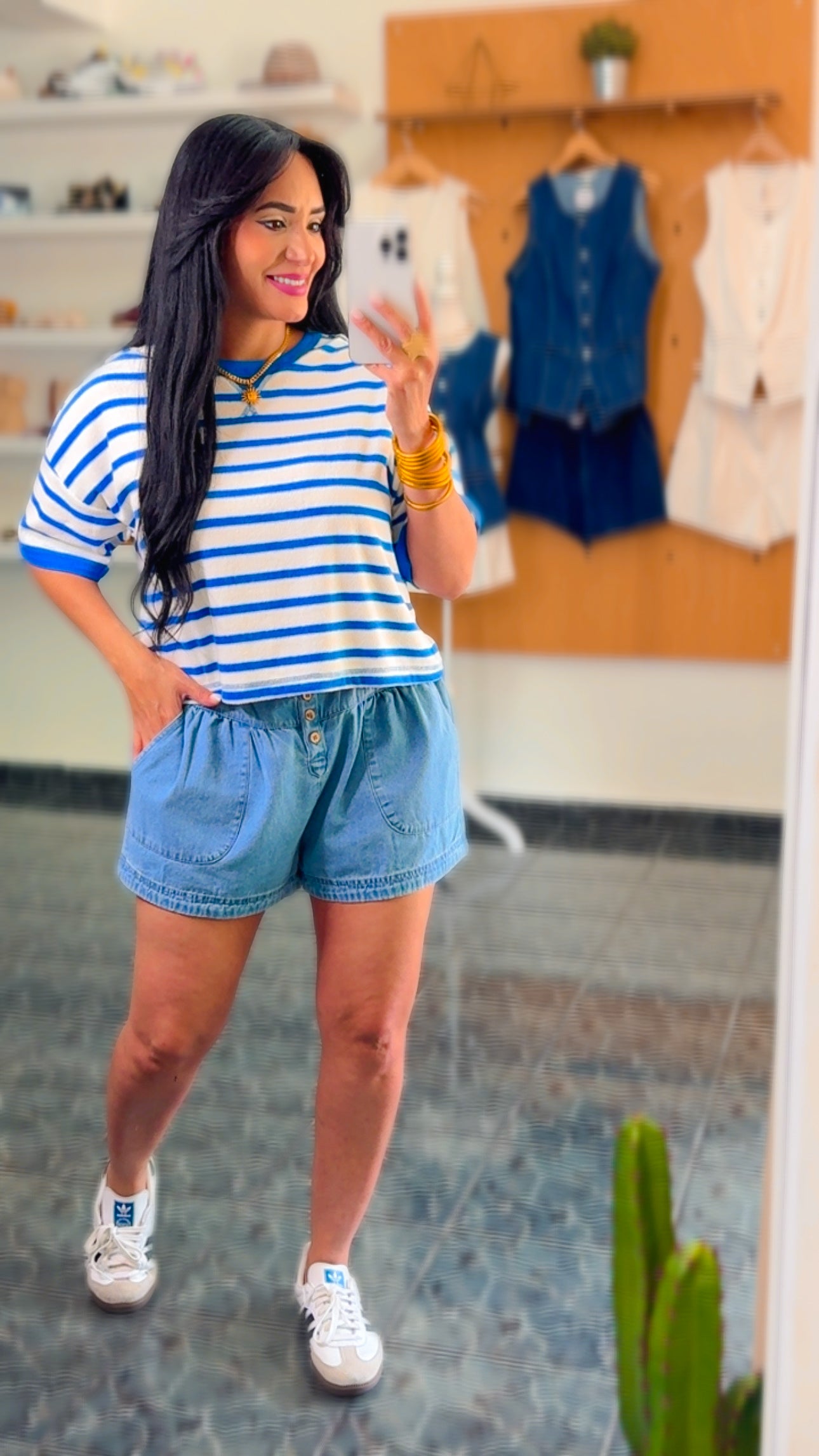 White/Blue Stripes Textured Crop Top