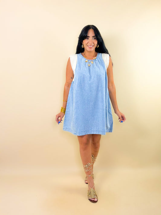 Eyelet Sleeve Chambray Dress