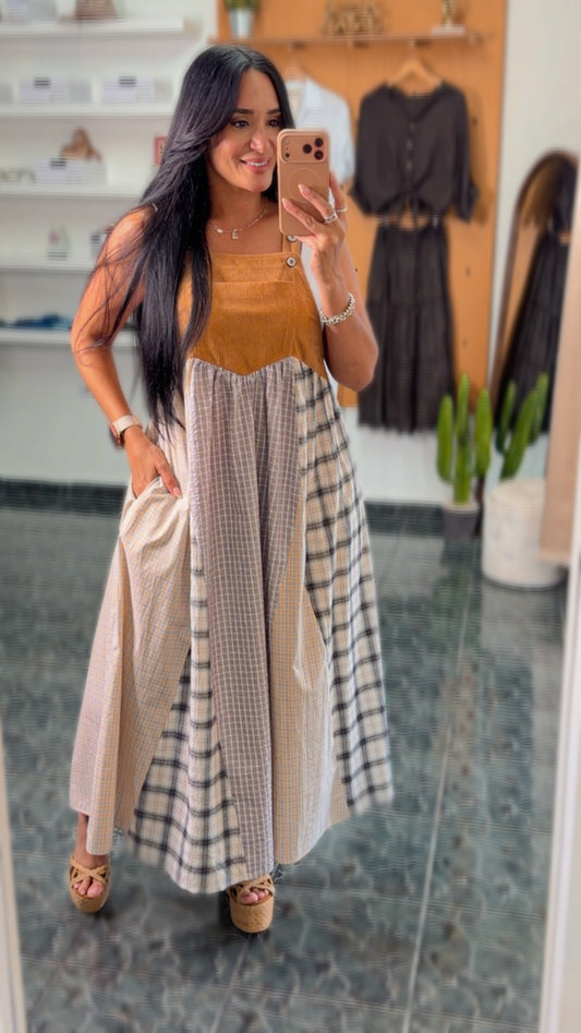 Taupe Mix Corduroy Patchwork Dress