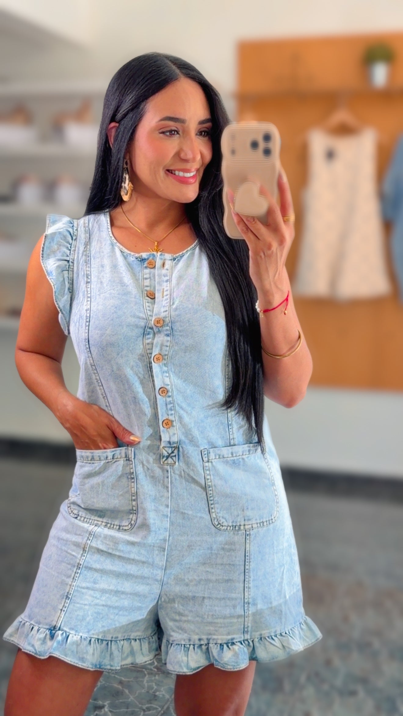 Light Washed Denim Ruffle Sleeve Romper