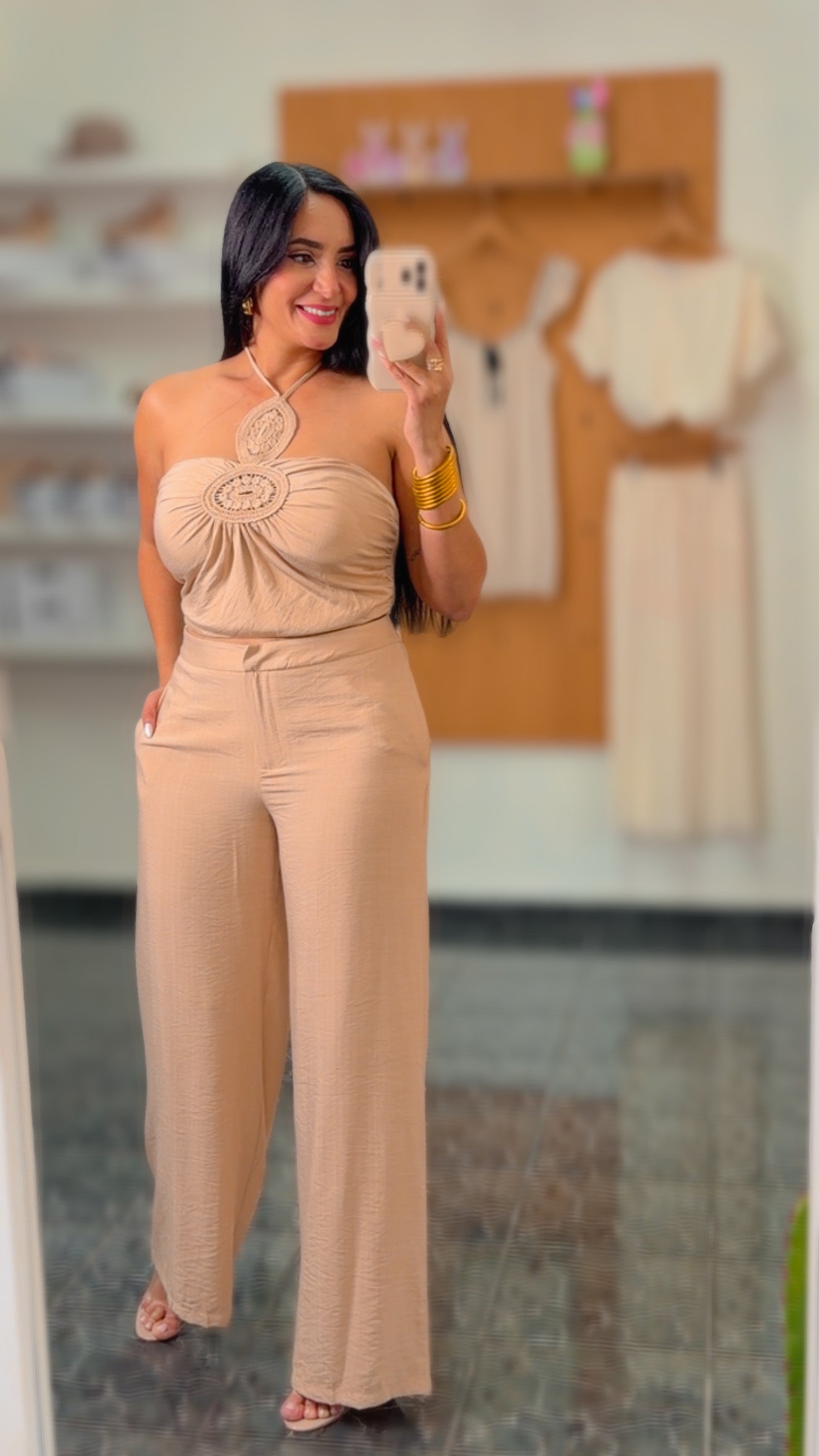 Natural Crochet Patch Halter Top/Pant Set
