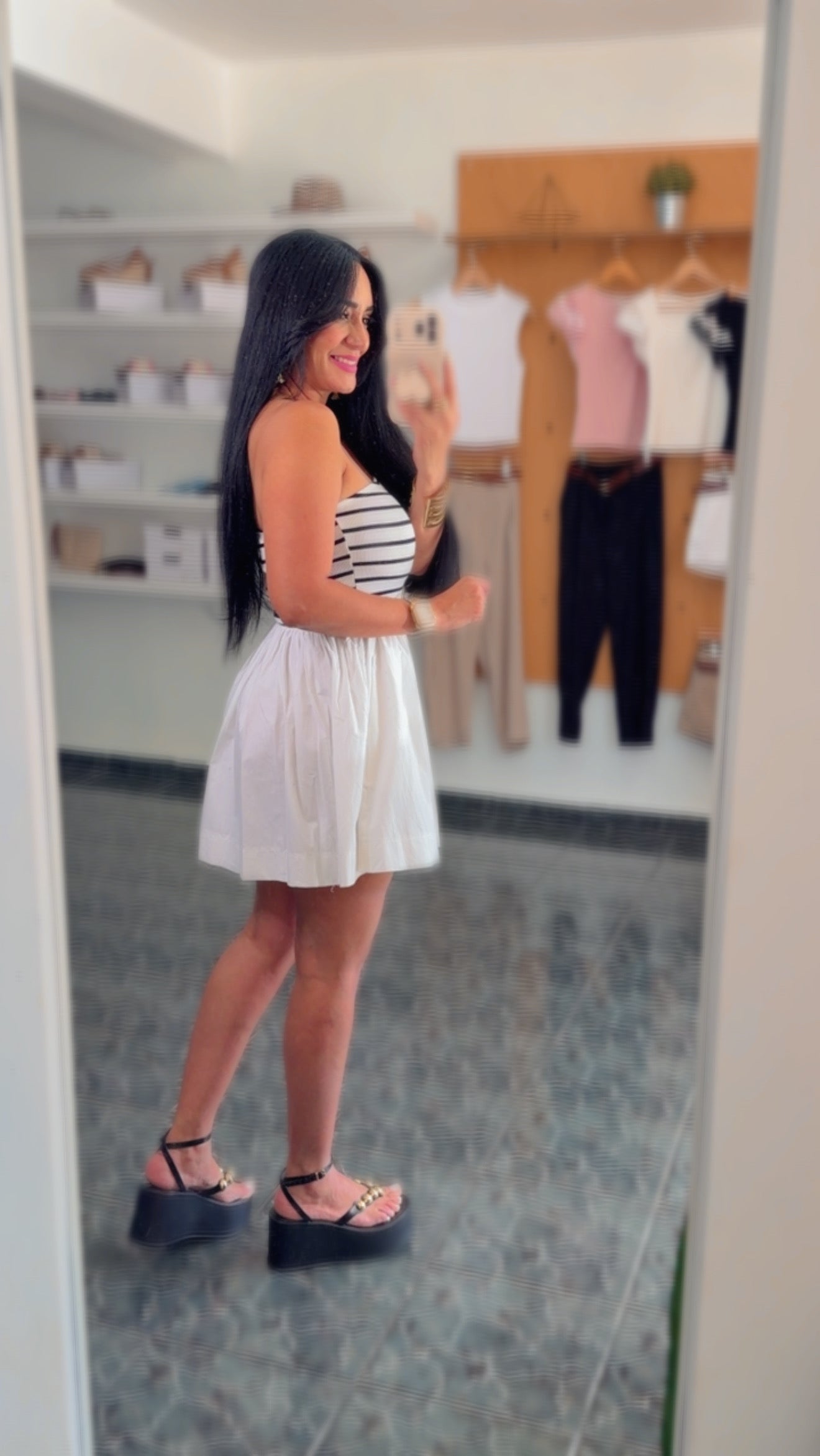 White/ Black Striped Strapless Dress