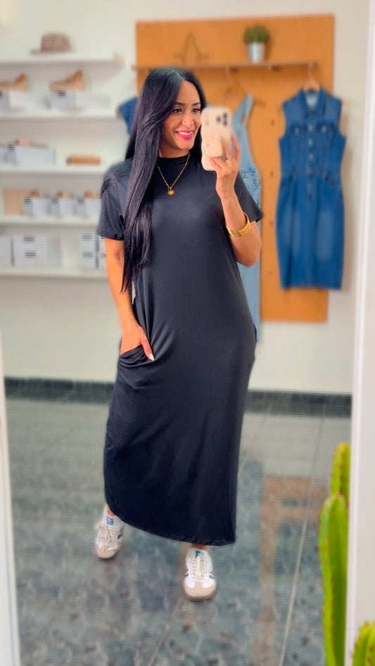 Black High Neck Pocket Midi Dress