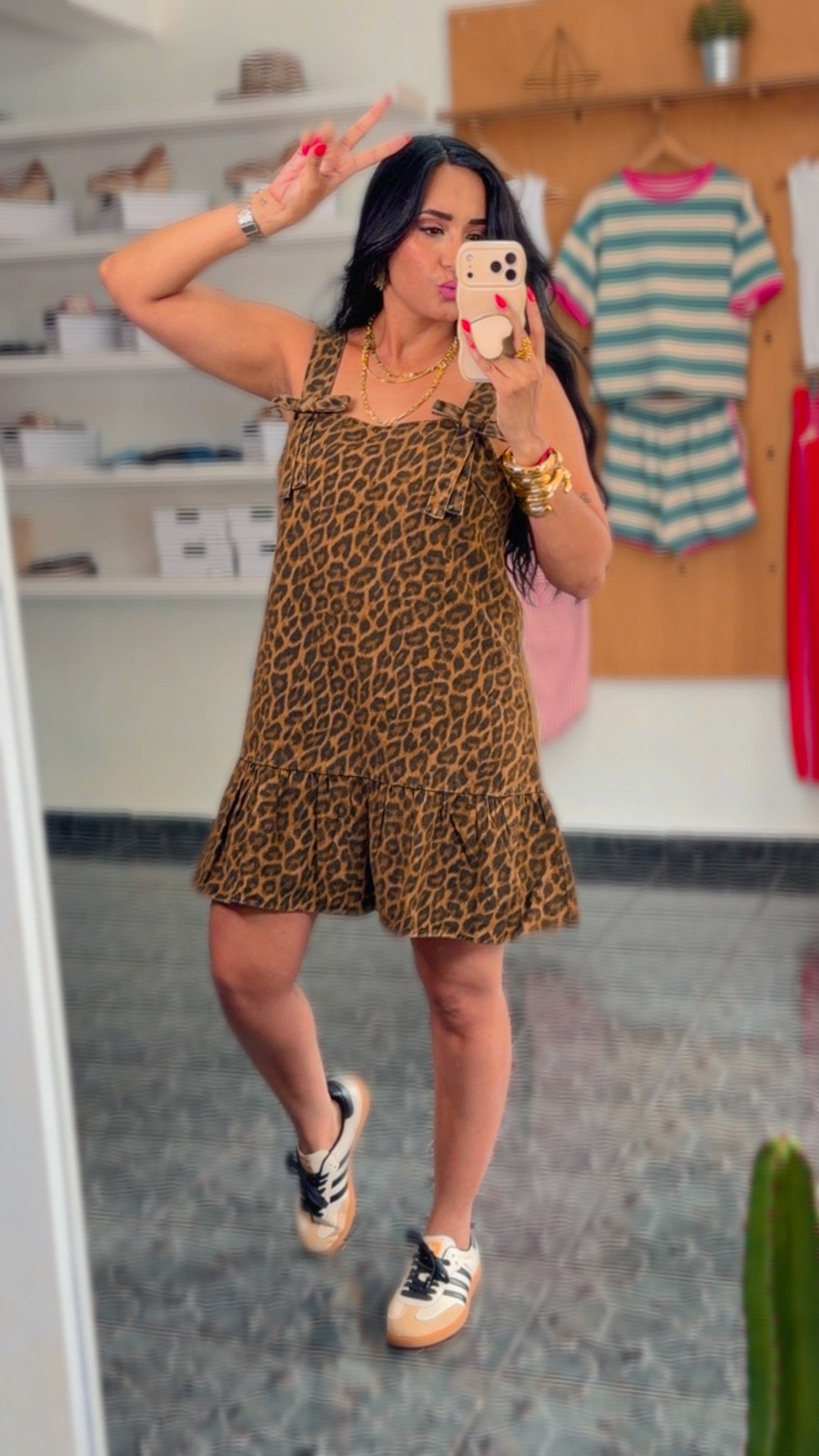 Washed Leopard Ribbon Denim Dress