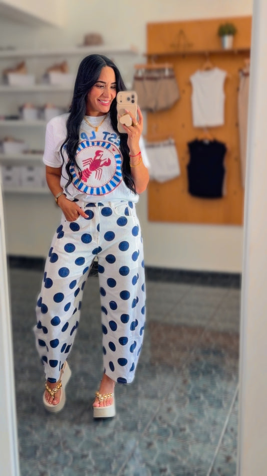 White/Navy Polkadot Barrel Denim