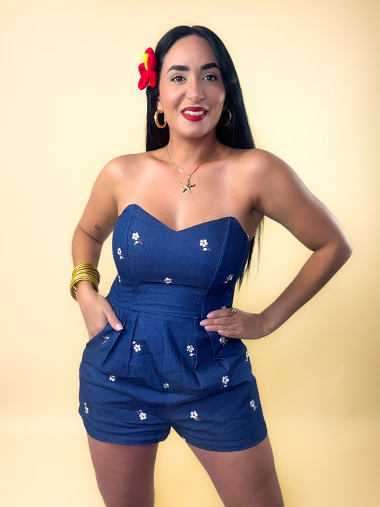Embroidered Strapless Denim Romper