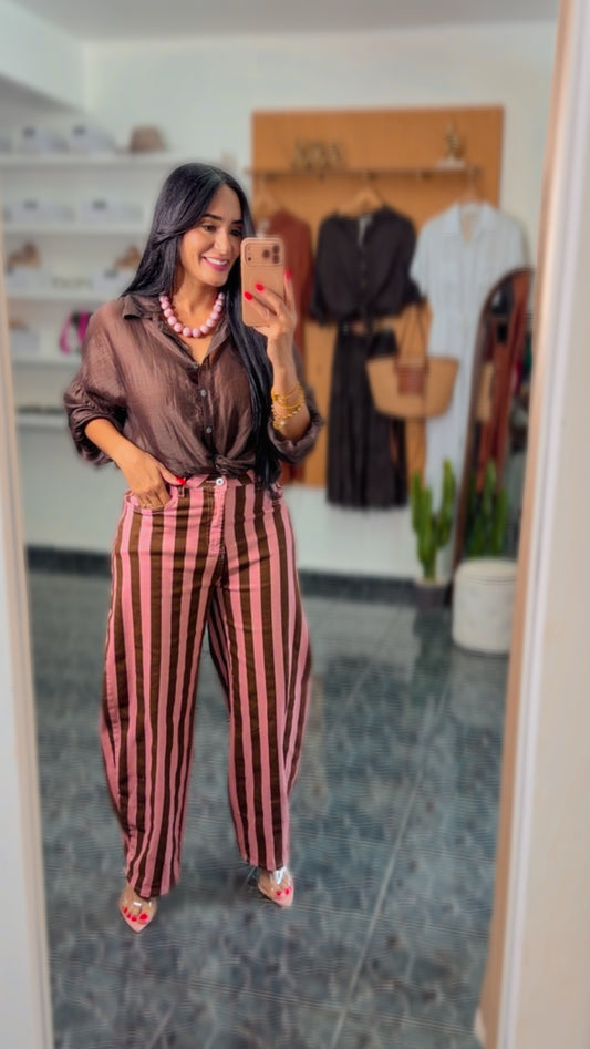 Pink/Coffee Striped Spandex Barrel Jeans