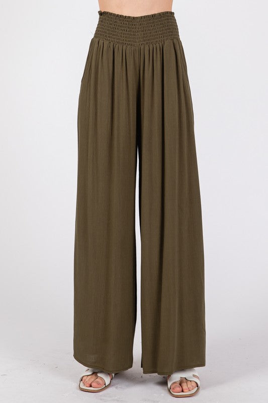 Olive Gauze Wide Smock Waist Wide Leg Pants