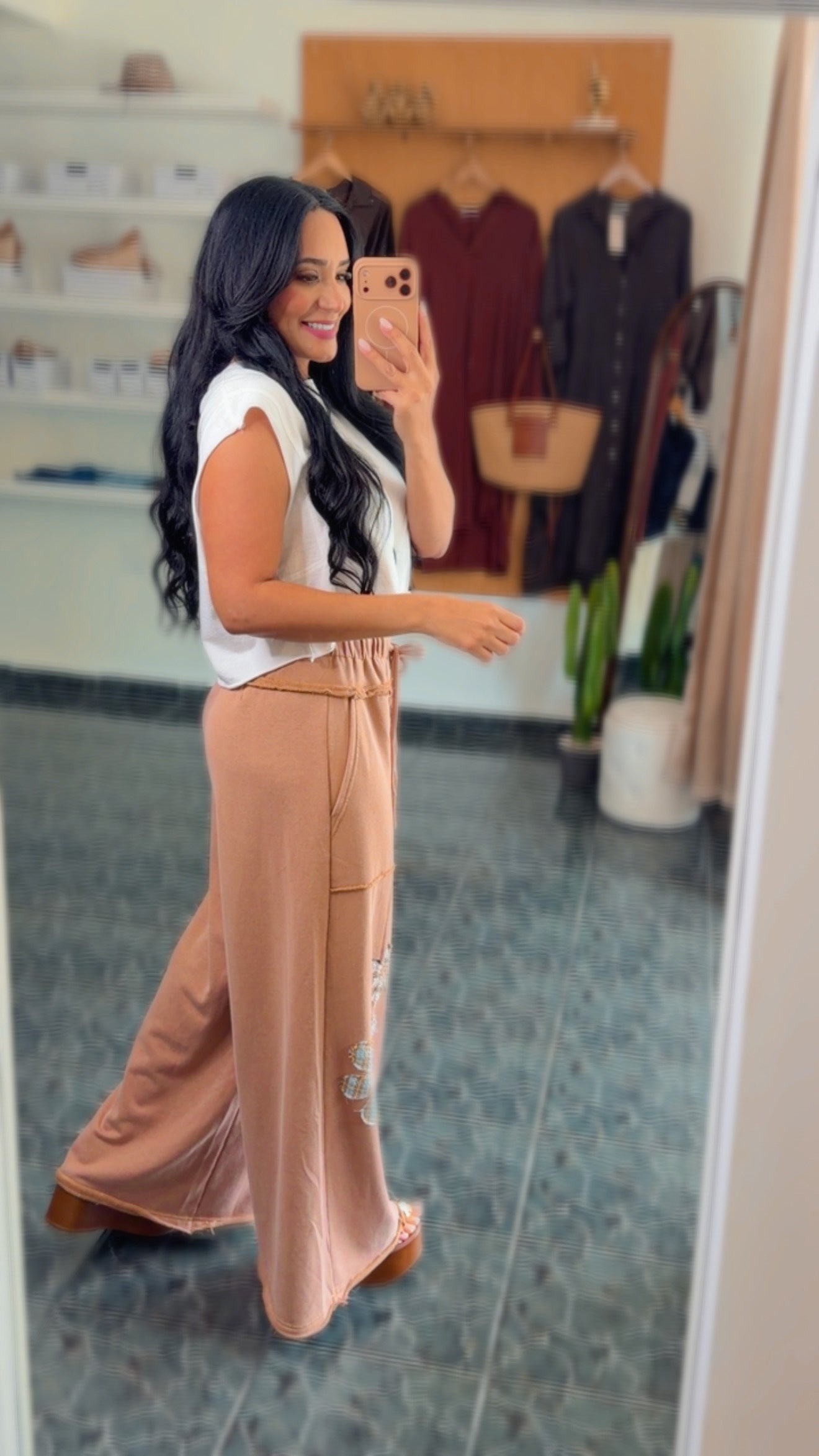 Taupe French Terry Flowers Wide Leg Pants