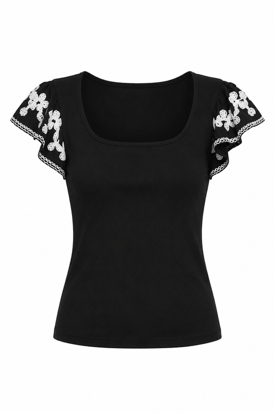 Black Ribbed Knit Embroidered Flutter Sleeves Top